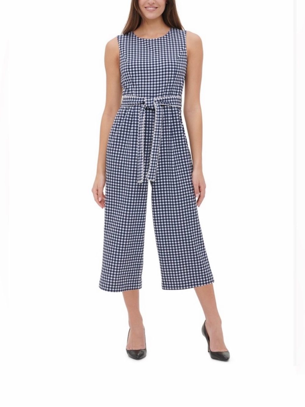Tommy Hilfiger Navy & White Gingham Sleeveless Tie-Waist Jumpsuit Capri